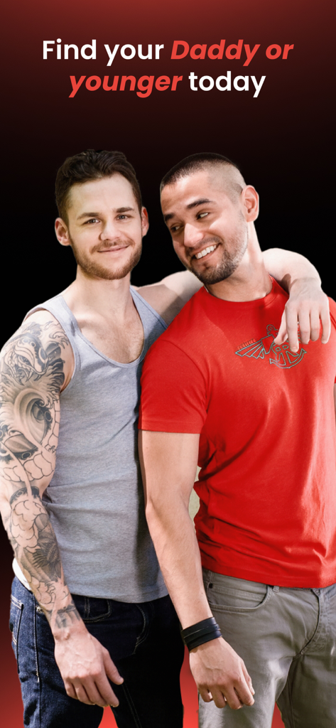 Two men of different ages embracing with text stating Find your Daddy or younger today.