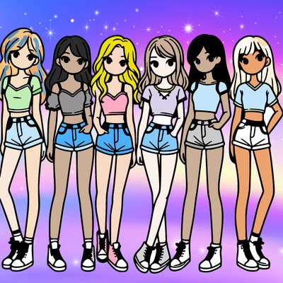 a group of girls wearing crop tops and shorts
