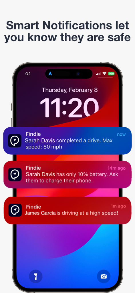 Tela do smartphone exibindo notificações inteligentes do aplicativo Findie para velocidade de direção familiar e níveis de bateria