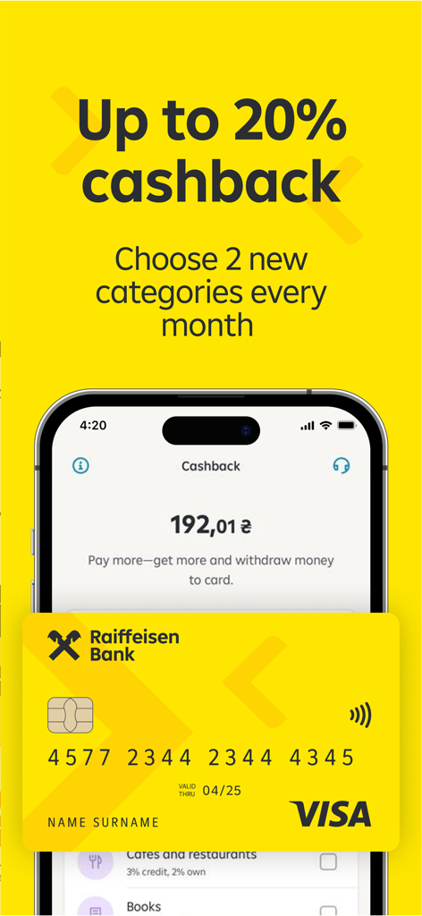 MyRaif from Raiffeisen Bank - Tela do aplicativo de banco móvel MyRaif mostrando até vinte por cento de cashback e um cartão Visa Raiffeisen Bank amarelo