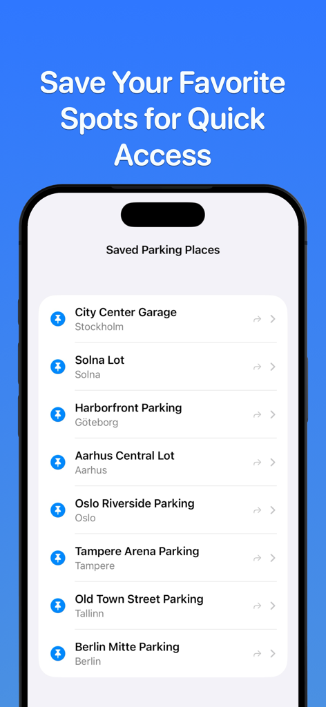 Handiplats - Interfaz de la aplicación móvil que muestra una lista de plazas de aparcamiento accesibles guardadas con iconos de pines azules