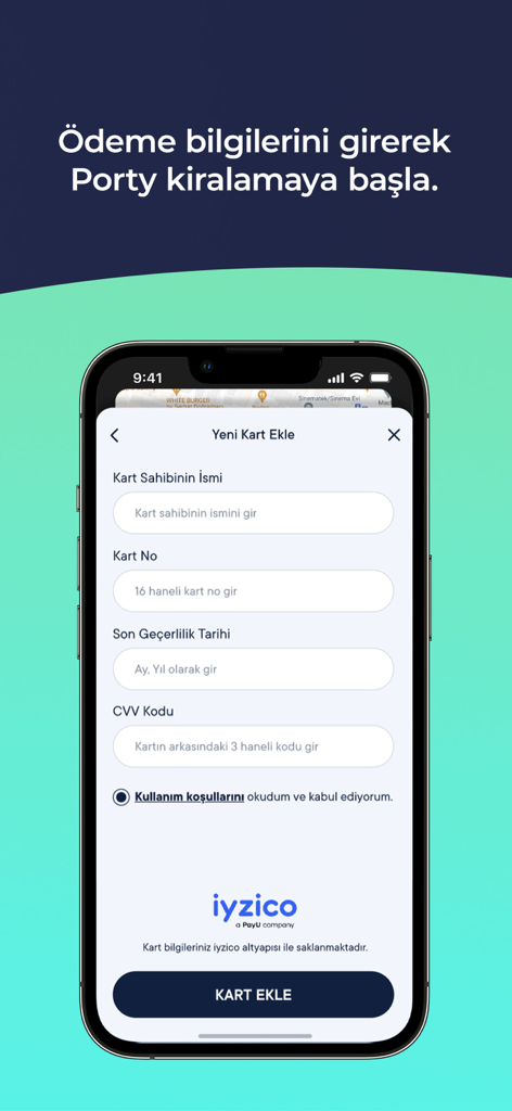 Mobile screen showing the add credit card form in the Porty powerbank rental app