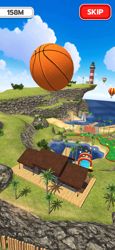 Scoring Champion - 스코어링 챔피언의 열대 리조트 섬 위를 날아가는 거대한 농구공