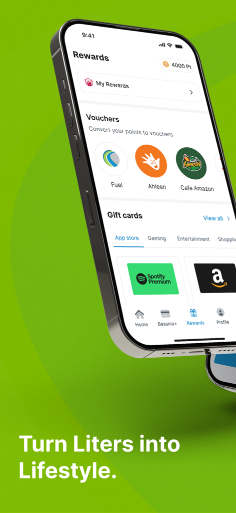 Omanoil App Prämienbildschirm mit Treuepunkten, Kraftstoff-Vouchers und digitalen Geschenkkarten wie Spotify und Amazon.