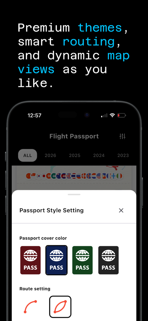 Flight Passport - Interface for customizing digital passport cover colors and flight route map styles in the Flight Passport app