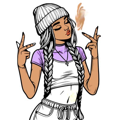 realistic teenage girl with braids and a beanie and crop top doing 🫶🏼