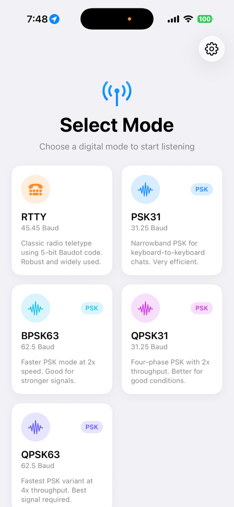 Amateur Digital app screen showing a selection of digital radio modes including RTTY and PSK31