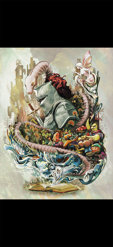 Fantasy characters and creatures rising from an open book