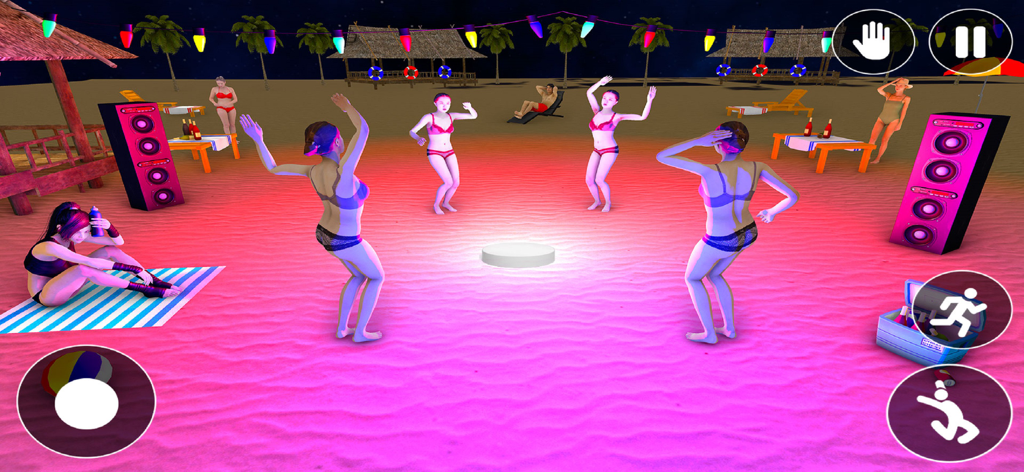 Grand Beach Club Simulator 3D - Characters dancing at a neon lit night beach party in the Grand Beach Club Simulator 3D game