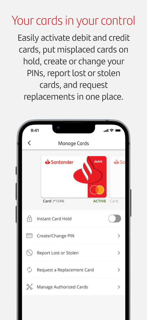 Santander Bank US mobile app screen showing card management features like instant hold and PIN change options
