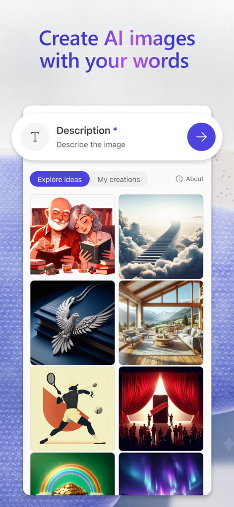 Interfaccia dell'app Microsoft Designer che mostra una casella di prompt e una galleria di immagini generate dall'IA