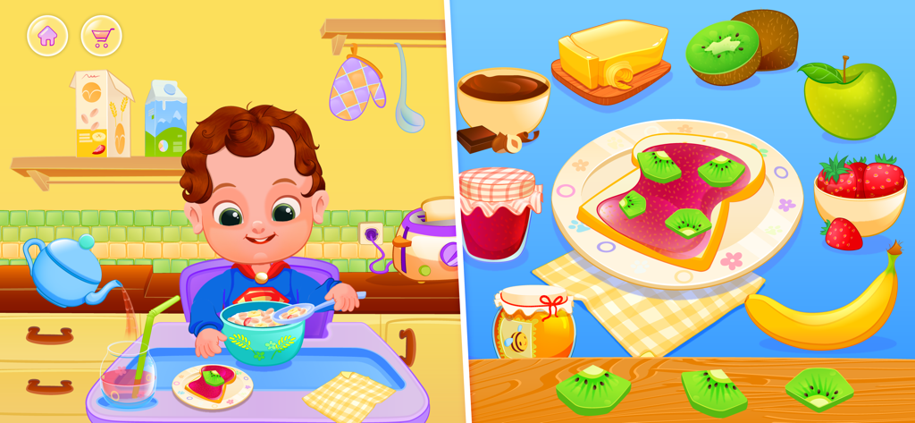 My Baby Care 2 - Daycare Game - A cartoon baby character eating cereal and a selection of breakfast foods like fruit toast and jam.