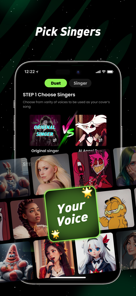 Pantalla de selección de voz en la aplicación Deeptone que muestra opciones para elegir personajes o tu propia voz para dúos de IA.