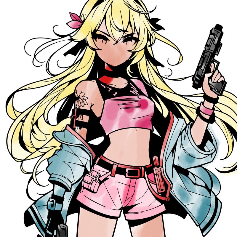 bad girl wearing crop top holding a gun long hair anime