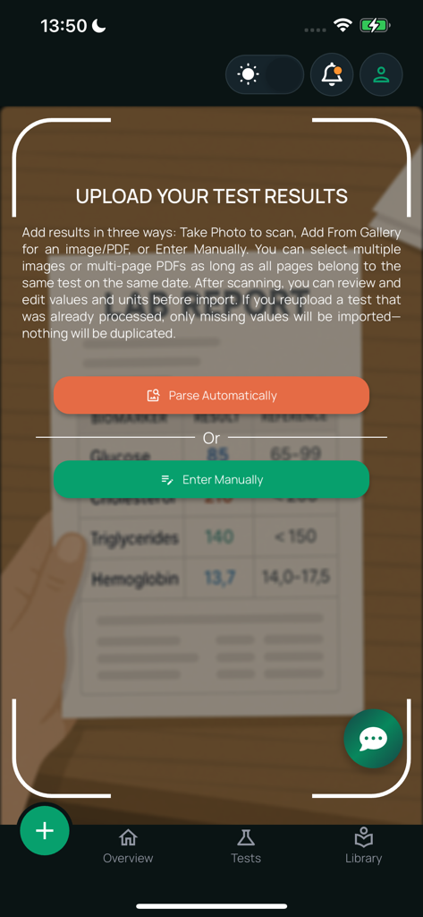 Health3: Blood Work Tracker - Health3 app interface showing options to upload blood test results via automatic parsing or manual entry