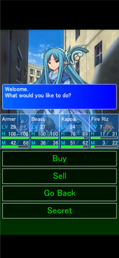 Monster Mate - Monster Mate shop screen featuring a blue-haired anime NPC and a list of monsters in the party.