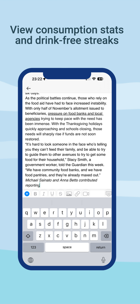 Blogspot for Google Blogger - Mobile screen showing the post editor interface of the Blogspot for Google Blogger app with text formatting tools and keyboard