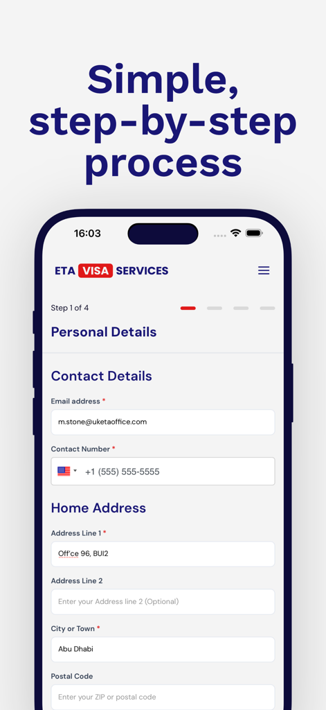 UK ETA Visa Services - Pantalla de la aplicación UK ETA Visa Services que muestra un formulario simple paso a paso de datos personales.