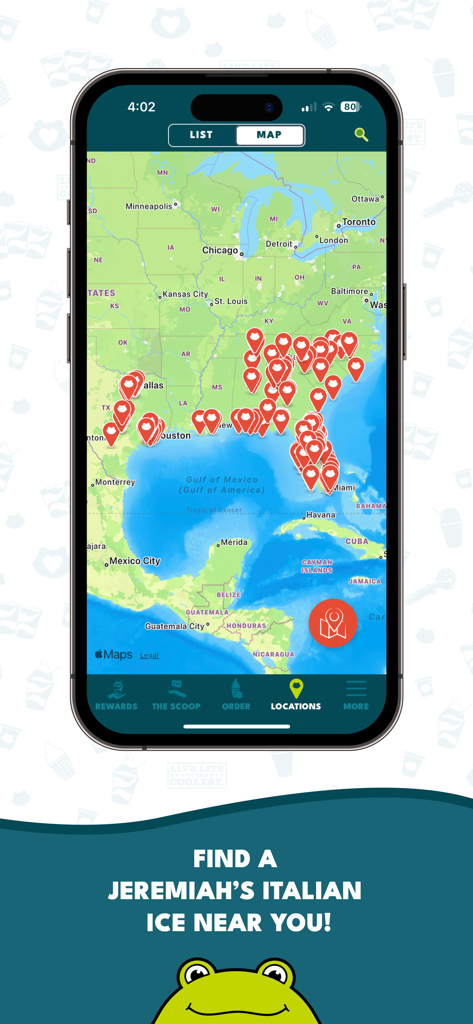 A map of the United States showing multiple Jeremiah’s Italian Ice store locations marked with red pins