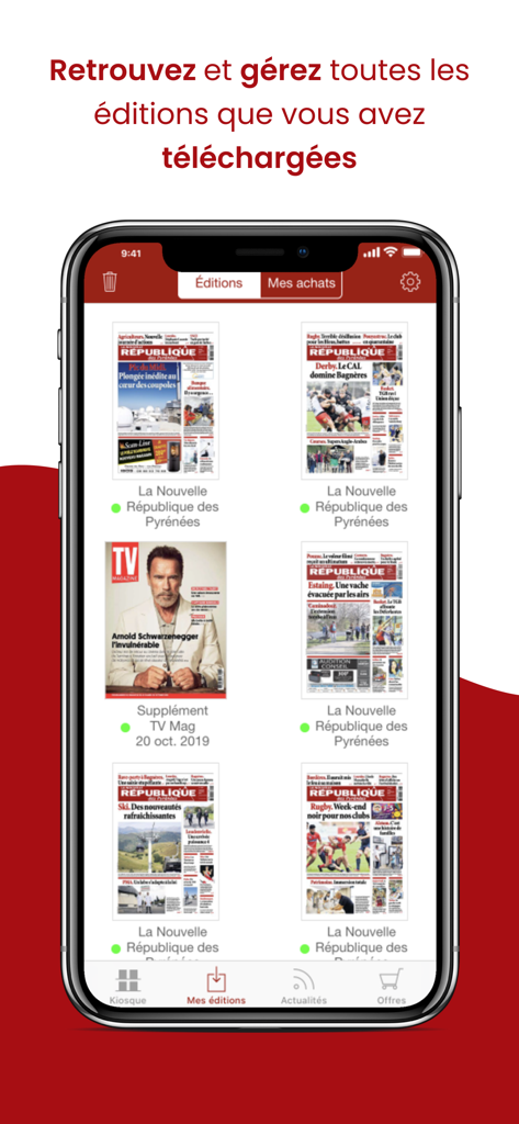 Écran mobile montrant une bibliothèque d'éditions de journaux numériques et de suppléments téléchargés dans l'application La NR des Pyrenees.