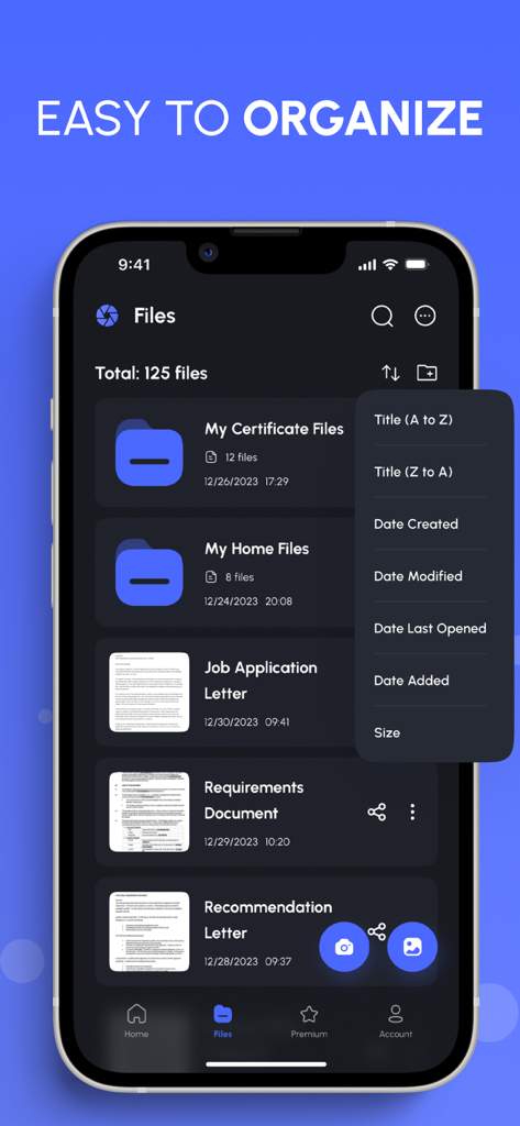 The PDF Scanner, PDF editor HQ - Interface of the PDF Scanner app showing organized folders and documents with a sorting menu open.
