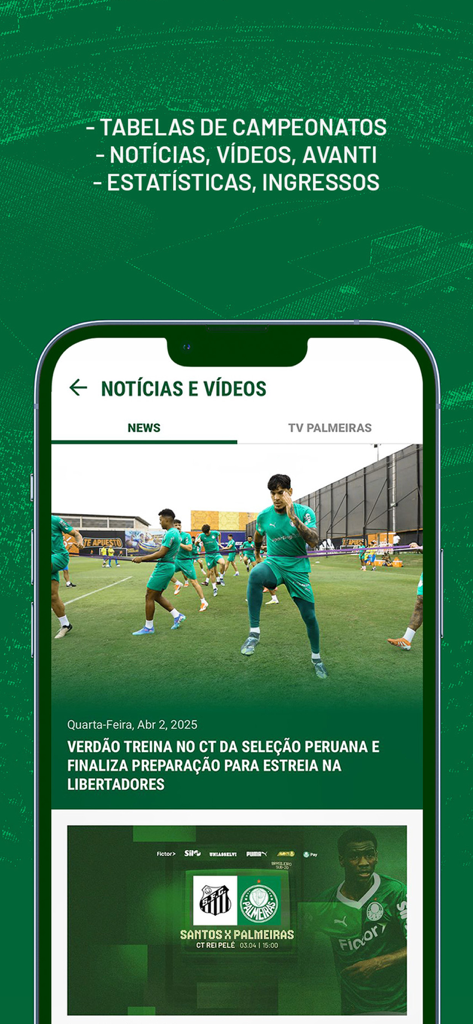 Palmeiras Oficial - Palmeiras Oficial app showing latest news and training videos for the soccer team