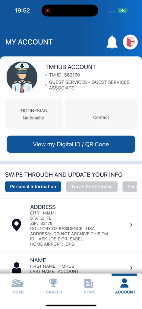TMHub App Konto-Bildschirm, der das Profil eines Crewmitglieds mit Position und persönlichen Daten anzeigt.