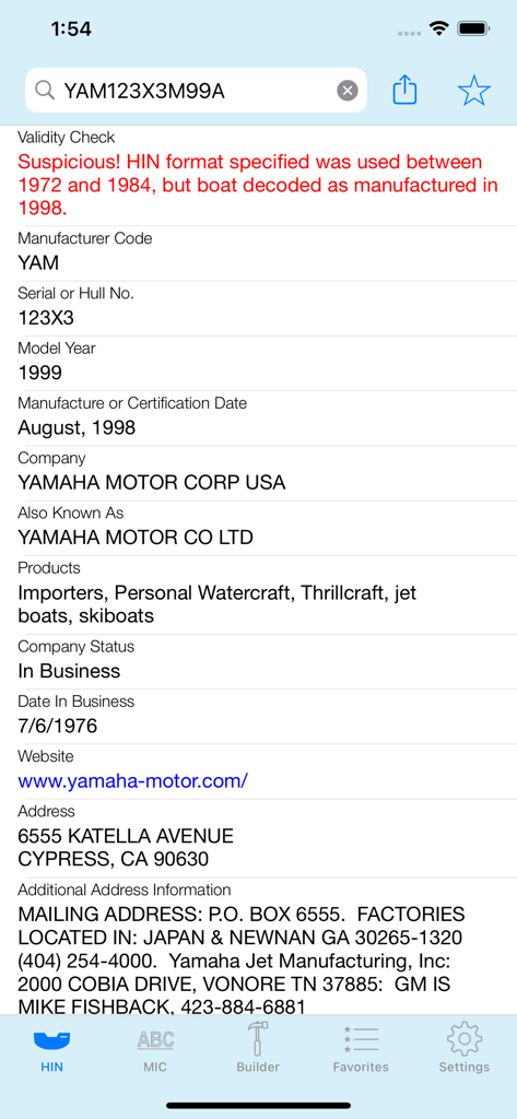 HIN Search - Boat HIN Decoder - A screenshot of the HIN Search app showing a suspicious boat identification number alert with detailed manufacturer information for Yamaha Motor Corp USA