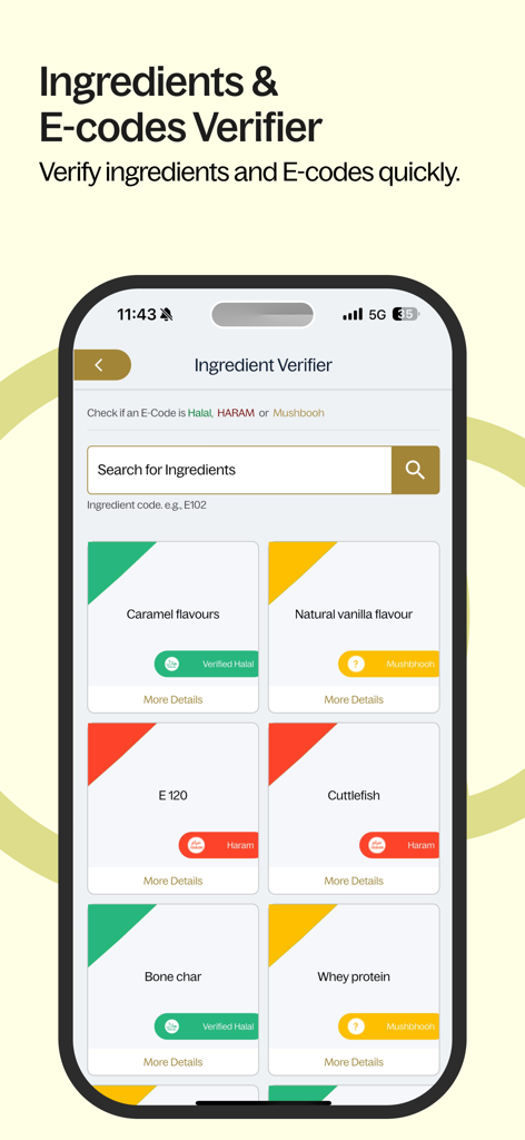 Mustakshif: Halal Food Scanner - Interface do aplicativo móvel mostrando a ferramenta verificadora de ingredientes para verificar o status Halal Haram e Mushbooh de aditivos alimentares e códigos E