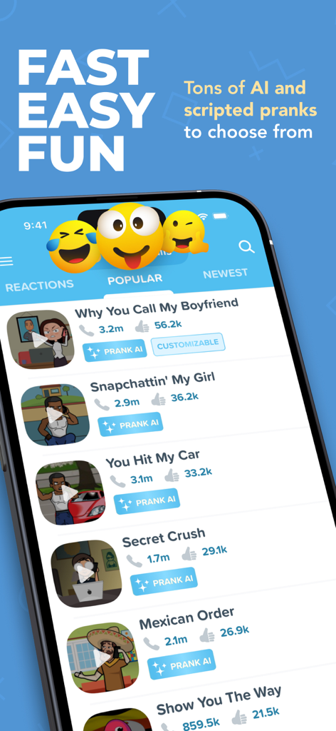 Prank Caller app interface showing popular AI and scripted prank scenarios like Why You Call My Boyfriend and You Hit My Car