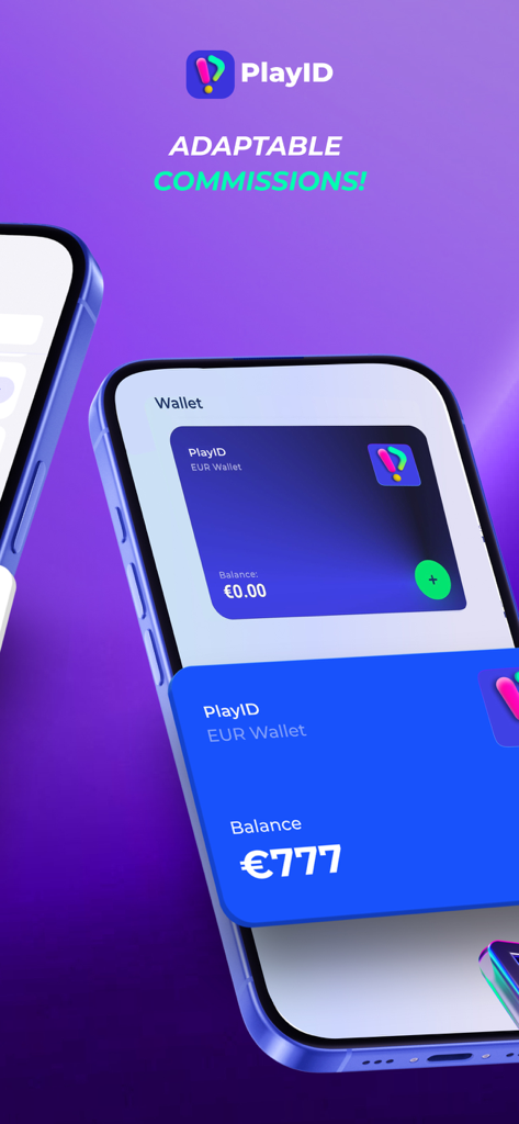 Interface de l'application mobile PlayID montrant les cartes du portefeuille numérique et le solde du compte sur un fond violet