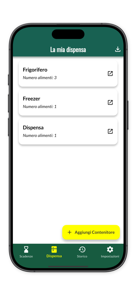 Pantalla de la aplicación Dispensa Smart mostrando categorías de almacenamiento de alimentos para el refrigerador, congelador y despensa.