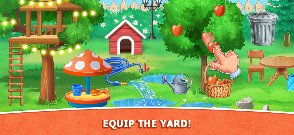 Interactive backyard gameplay featuring a treehouse sandbox and apple picking for kids