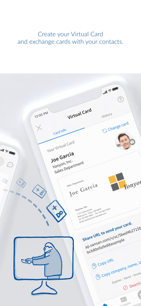 Sansan - Sansan app interface showing a virtual business card and digital exchange options