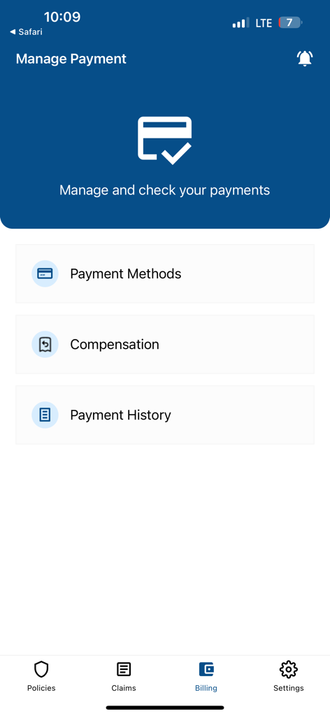 Interfaz de la aplicación E-NSURE para gestionar pagos de seguros con opciones de métodos de pago e historial