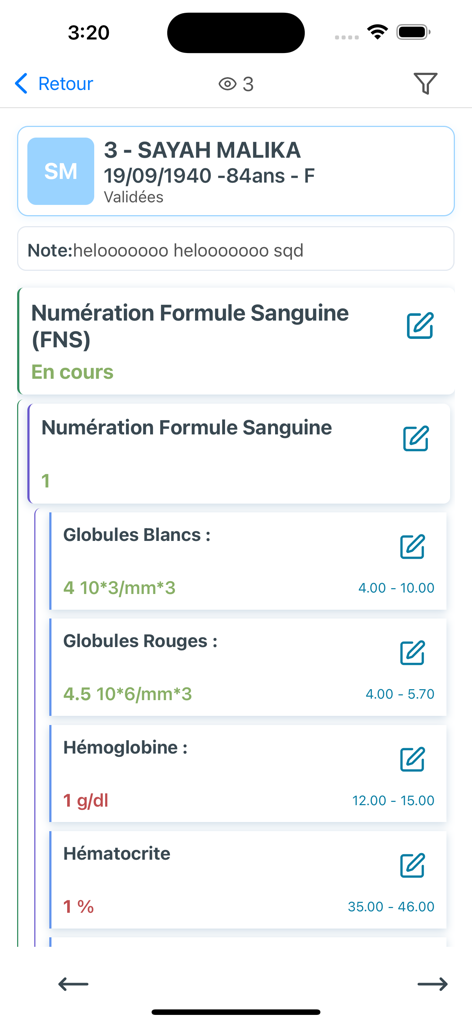 Visão detalhada dos resultados de exames de sangue do paciente na interface do aplicativo móvel SMART BM mostrando medições de hemograma completo.