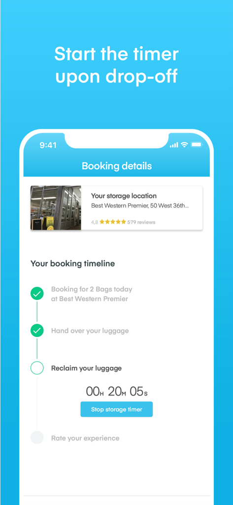 LuggageHero: Luggage Storage - Interface de l'application LuggageHero montrant les détails de la réservation et un minuteur de consigne actif pour les bagages.