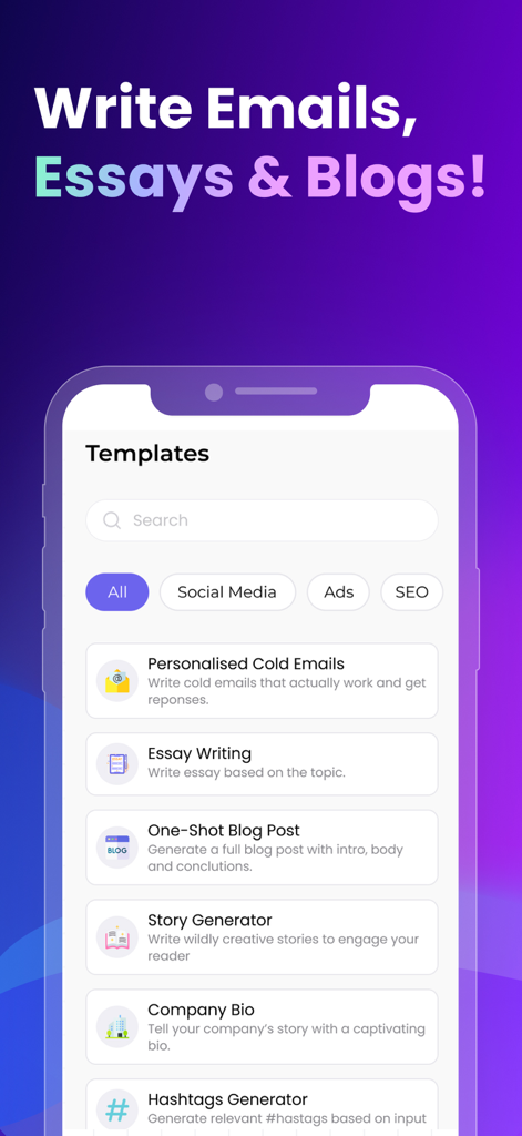 Japer AI - WritBot - Interfaz de la aplicación móvil WritBot que muestra varias plantillas de escritura para correos electrónicos, ensayos y publicaciones de blog