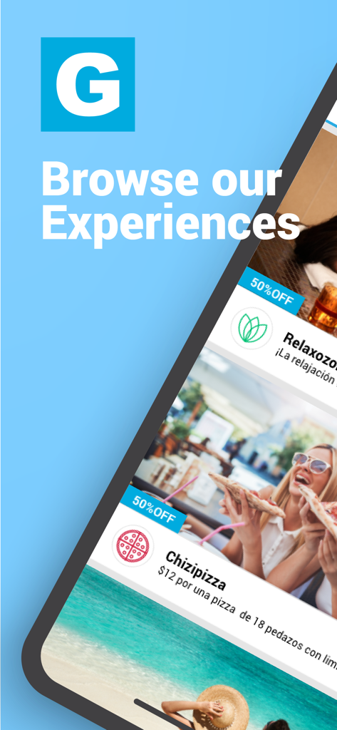 Gustazos - Gustazos mobile app interface showing fifty percent off deals for local dining and wellness experiences