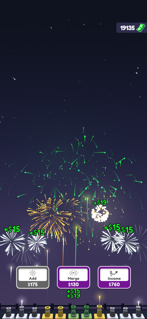 Fireworks Idle 3D - Gameplay di Fireworks Idle 3D che mostra colorate esplosioni e menu di potenziamento.
