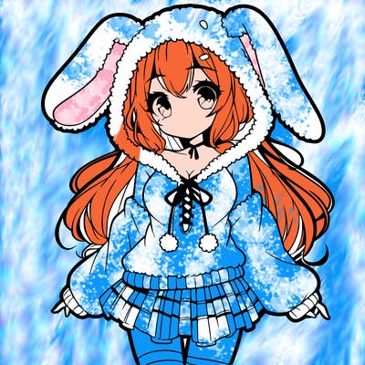 pretty anime girl wearing a fluffy hoodie with bunny ears on the hood and a skirt