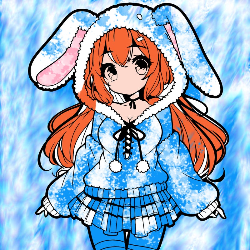 pretty anime girl wearing a fluffy hoodie with bunny ears on the hood and a skirt
