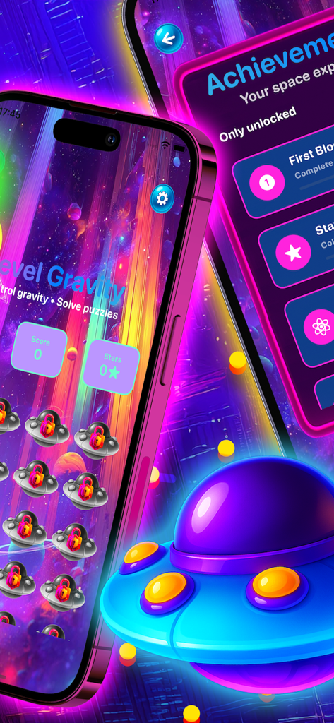 Plifall Rings - Interface of Plifall Rings game showing UFO level selection and achievements with neon space background