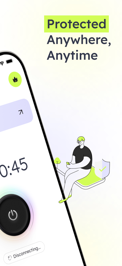 Binwiz VPN app screenshot showing the Protected Anywhere Anytime headline and security icon