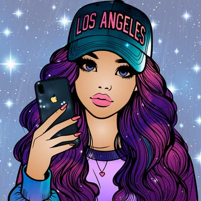 realistic beautiful girl wearing los ángeles cap holding an iphone