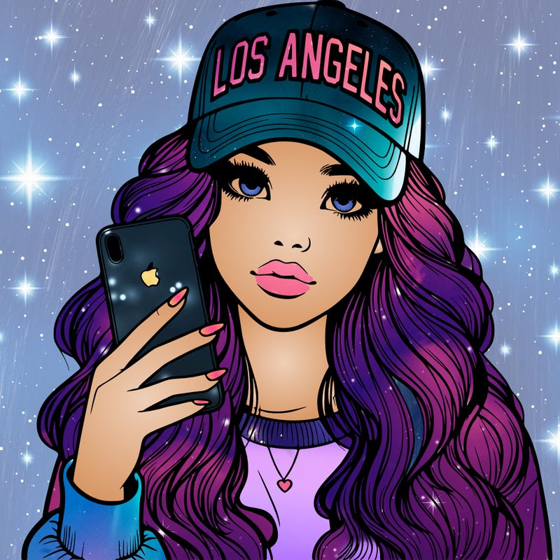 realistic beautiful girl wearing los ángeles cap holding an iphone