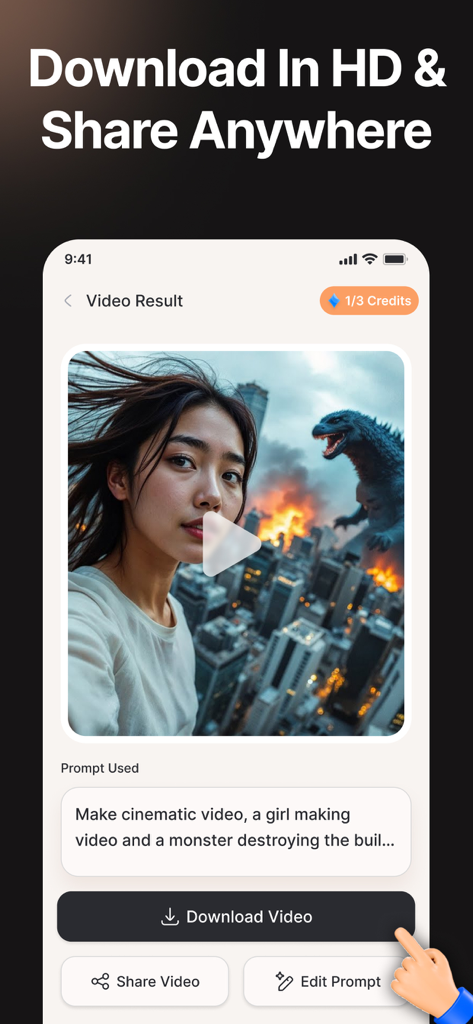 KI-Videogenerator-Oberfläche, die ein kinoreifes Videoergebnis mit Download- und Freigabeoptionen anzeigt.