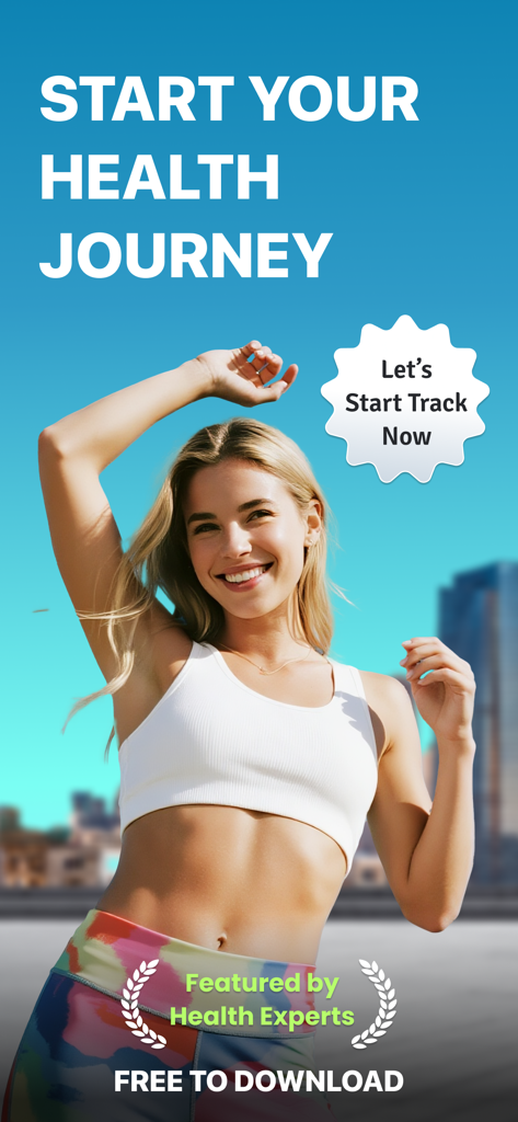 Blood Sugar : Pulse Monitor - Promotional screen of the Blood Sugar Pulse Monitor app with a smiling woman and the slogan Start Your Health Journey