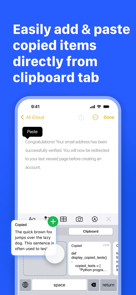 Copied - Auto Paste Keyboard - Interfaz del teclado de la aplicación Copied que muestra la pestaña del portapapeles con fragmentos de texto guardados para pegar rápidamente.