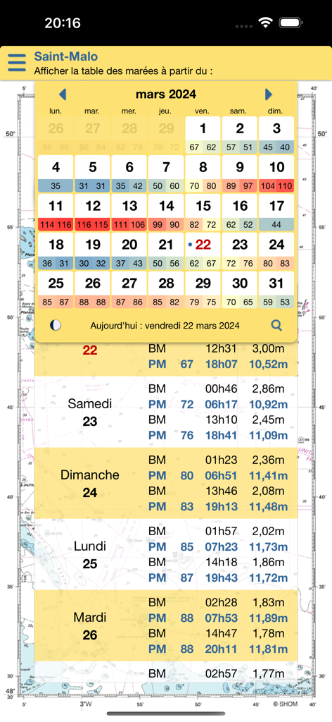 Vista de calendario de coeficientes de mareas y horarios diarios para Saint-Malo